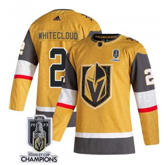 Men%27s Vegas Golden Knights #2 Zach Whitecloud Gold 2023 Stanley Cup Champions Stitched Jersey